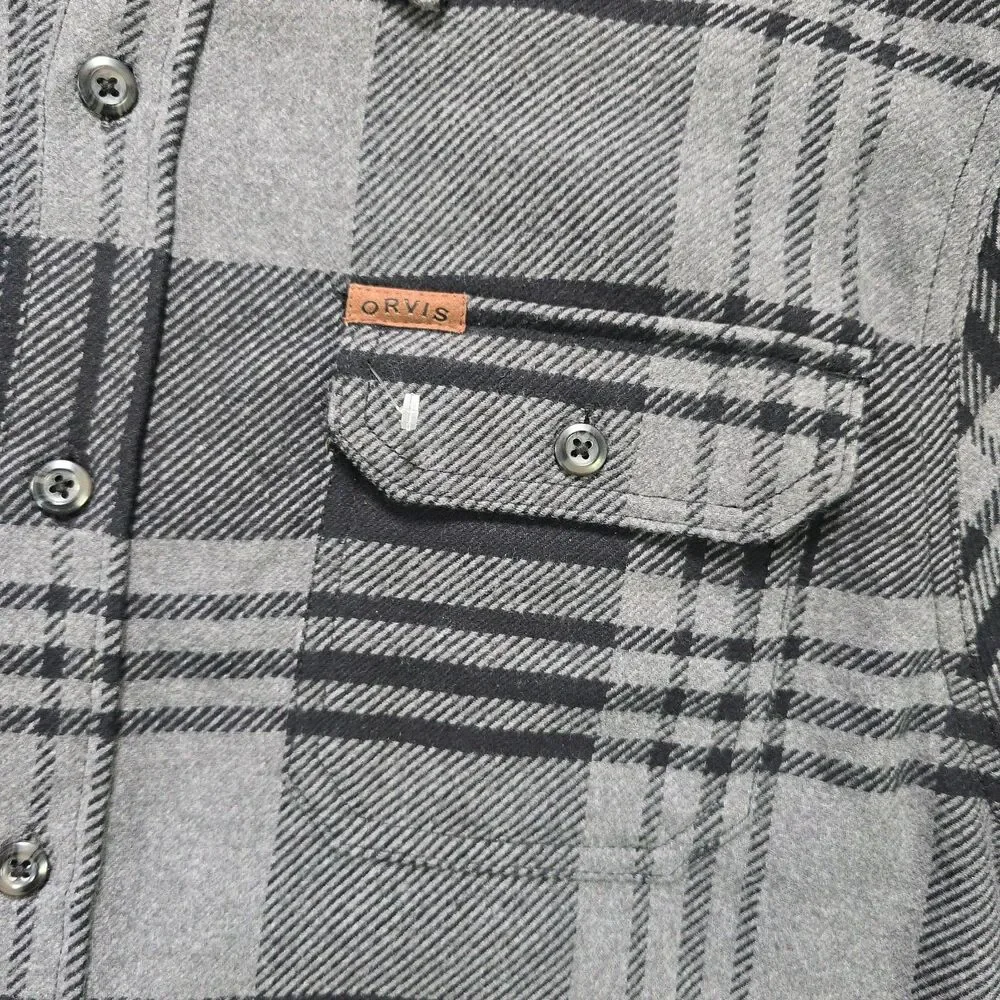 Orvis Gray Black Plaid Big Bear Heavyweight Flannel Long Sleeve Shirt Jacket XL